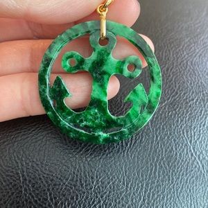14K Solid Real Gold Carving Anchor Natural Jade Pendant Large Round Men Green